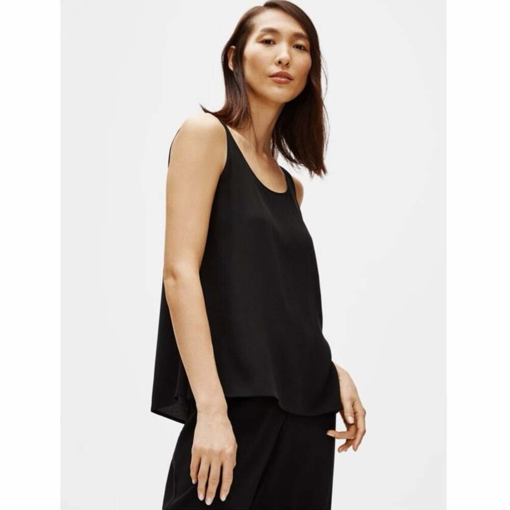 Eileen Fisher System Silk Georgette Crepe Tank Top Small Black 100% Silk